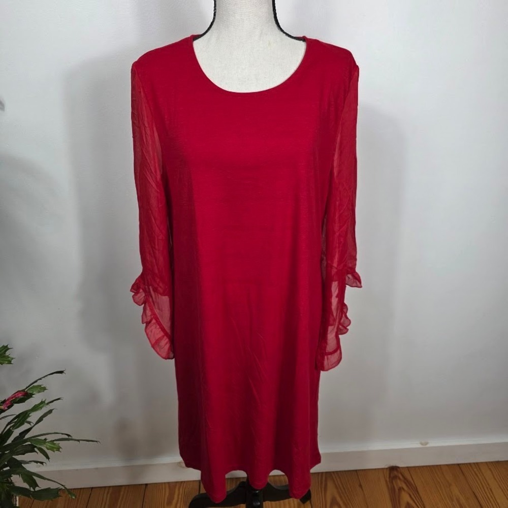 Allison Brittney Red Sheer Sleeve Ruffle Trim Dress New  Womens‎ XL